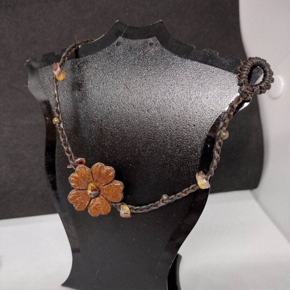Brown Leather Aleli Flower Yellow Stone Handcrafted Bracelet from Madrid Spain